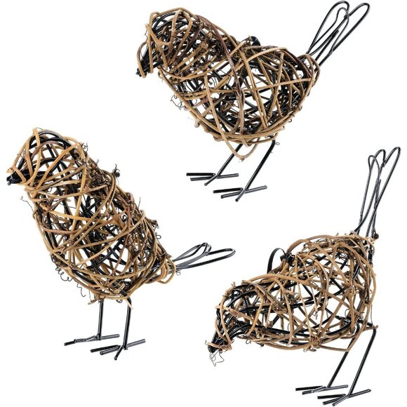 Set of 3 Natural Handwoven Rattan Bird Statues for Table, Shelf & Mantel Decor - Picture 1 of 8